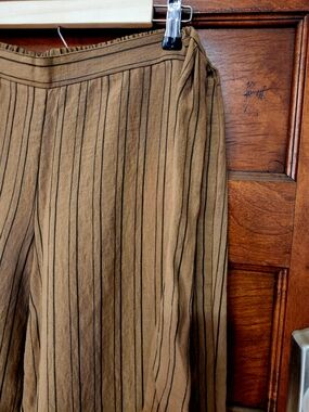 Calvin Klein Striped Wide-Leg Trousers in Camel with Black Pinstripes